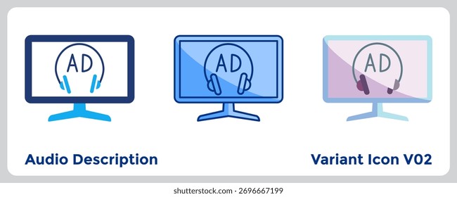 O ícone Descrição de Áudio oferece suporte à acessibilidade em designs de mídia, filme e comunicação inclusiva. Azul, Azul Plano, Estilo Dualtone.