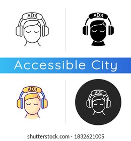 Audio description icon. Video description. Narration. Providing additional information. Audio described TV programmes. Linear black and RGB color styles. Isolated vector illustrations