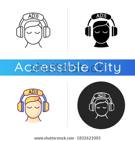 Audio description icon. Video description. Narration. Providing additional information. Audio described TV programmes. Linear black and RGB color styles. Isolated vector illustrations