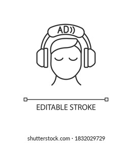 Icono lineal de descripción de audio. Descripción del vídeo. Narración. El audio describió los programas de TV. Ilustración personalizable de línea delgada. Símbolo de contorno. Dibujo de contorno aislado del vector. Trazo editable