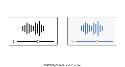 Descrição de áudio: ícone de faixa com reprodutor de vídeo, botão de reprodução e onda sonora, ideal para serviços de áudio descritivos, acessibilidade de vídeo e suporte para usuários com deficiência visual.