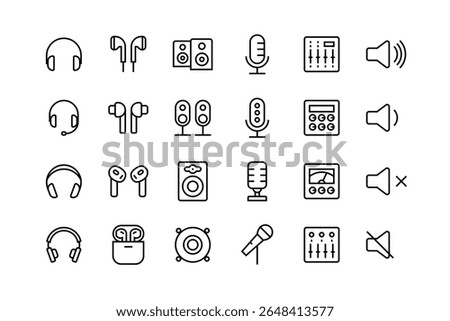 Audio devices icon set with adjustable line weight
