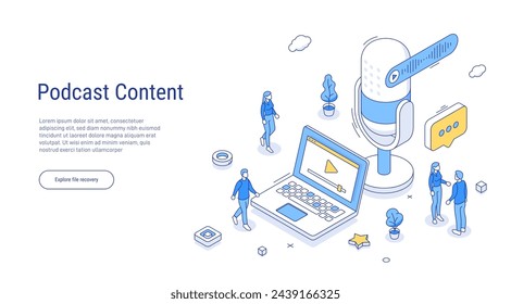 Audio devices for interesting podcast content recording depicted near description. Isometric outline illustration. 3d line vector. Video no laptop. Online communication