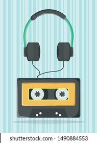audio earphones technology with retro cassette