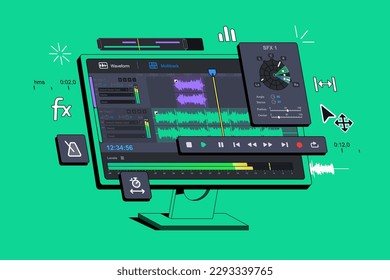 The Audio Editor Program is displayed on the computer. Audio Recording Audition. Digital sound workstation. Music application. Sounds  montage. Creating remixes of music tracks. Podcast software. Fake svg