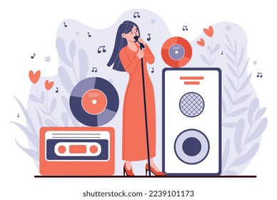 Audio engineer concept. Young person with microphone speaks in front of speakers. Woman sings, singer and musician. Creative personality on show or at studio. Cartoon flat vector illustration