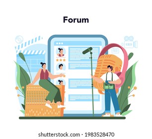 Audio engineer online service or platform. Music production industry, sound recording with a studio equipment. Online forum. Vector flat illustration