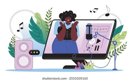 Serviço online de engenheiro de áudio. Mulher com microfone na tela do computador. Mixando música na Internet. Freelancer e trabalhador remoto. Ilustração de vetor plano isolada no plano de fundo branco