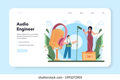 Audio engineer web banner or landing page. Music production industry, sound recording with a studio equipment. Soundtrack or audio media creator. Vector flat illustration