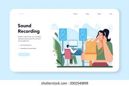 Audio engineer web banner or landing page. Music production industry, sound recording with a studio equipment. Soundtrack or audio media creator. Vector flat illustration