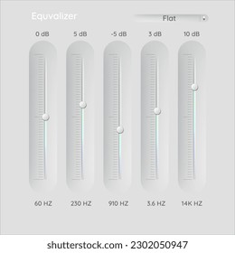 Audio Equalizer EQ. Volume control sliders. Virtual audio device VST. Vector UI neomorphis style interface.