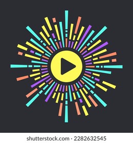 Música de ecualizador de audio con icono de ondas de audio en círculo. Botón de juego redondo rodeado de franjas coloridas de ecualizador de sonido circular. Ilustración para promover eventos musicales, podcasts o productos de audio