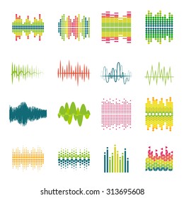Audio equalizer sound wave profile flat icons set in various shapes and colors abstract isolated vector illustration