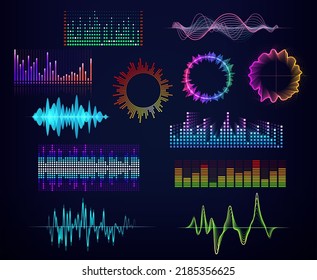 Ecualizadores de audio y ondas de sonido, círculos de neón y resplandores redondos, iconos vectoriales. Ecualizador de sonido y asistente de voz o iconos de ondas sonoras de aplicación de reconocimiento con colores de neón para reproductor de música