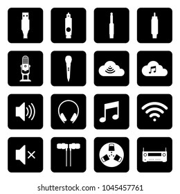 Audio equipment and connection vector icon set on black backgrounds