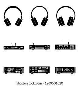 Audio equipment. Headphone, player and mixing amplifier. Silhouette vector