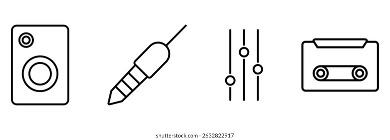 Audio equipment icon vector illustration set with speaker jack equalizer cassette music tools technology retro minimal line design.