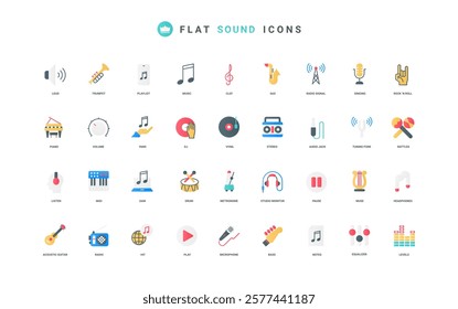 Audio equipment to listen and play sound, music and musical instruments color icon set. DJ and vinyl record, microphone and speakers, levels of equalizer for settings flat elements vector illustration