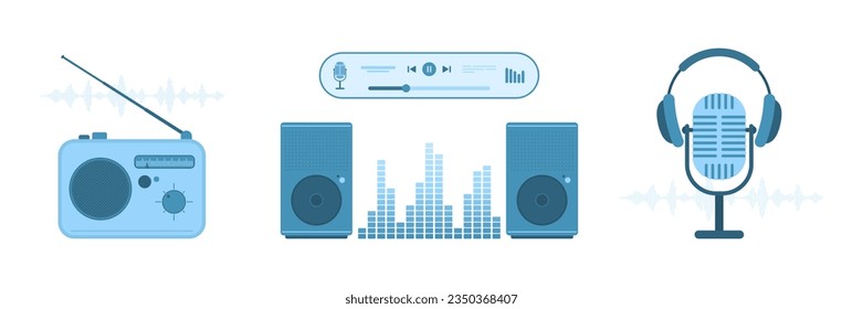 El equipo de audio estableció la ilustración vectorial. Micrófono y audífonos aislados de dibujos animados, sistema estéreo de altavoces y aplicación de reproductor de medios, receptor de radio para grabar y escuchar sonido de música y voz