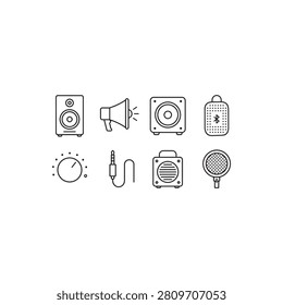 Audio equipment and sound system line icon set with microphone amplifier equipment technology recording audiojack loudspeaker electronics