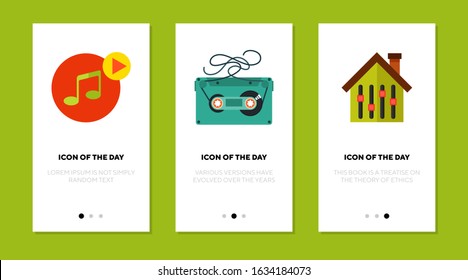 Audio file flat icon set. Media player, retro cassette, tape, equalizer isolated sign pack. Listening to music, record, application concept. Vector illustration symbol elements for web design