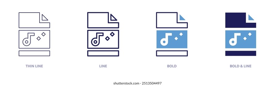 Icono de archivo de audio en 4 estilos diferentes. Línea delgada, línea, negrita y línea negrita. Estilo duotono. Trazo editable.