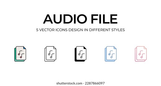Audio File Icon Design in Five style with Editable Stroke. Line, Solid, Flat Line, Duo Tone Color, and Color Gradient Line. Suitable for Web Page, Mobile App, UI, UX and GUI design.