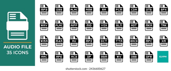 Conjunto de iconos de tipo de archivo de audio, colección de iconos sólidos vectoriales, se puede utilizar para interfaces de sitios web, aplicaciones móviles y software.