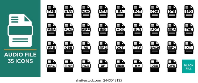 Conjunto de iconos de tipo de archivo de audio. Diseño de estilo de relleno negro. Formato de extensión de archivo Symbols Icons Collection. Ilustración vectorial.