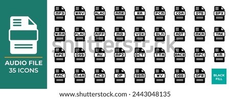 Audio File Type Icon Set. Black Fill Style Design. Format file extension Symbols Icons Collection. Vector Illustration.