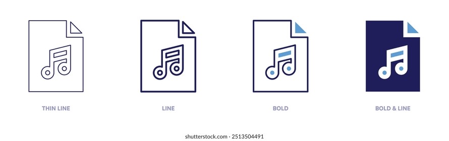 Icono de archivos de audio en 4 estilos diferentes. Línea delgada, línea, negrita y línea negrita. Estilo duotono. Trazo editable.