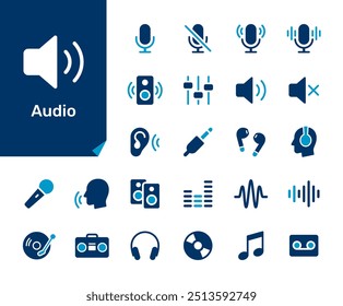 Audio flat icon collection for sound, music, microphone and speaker concept