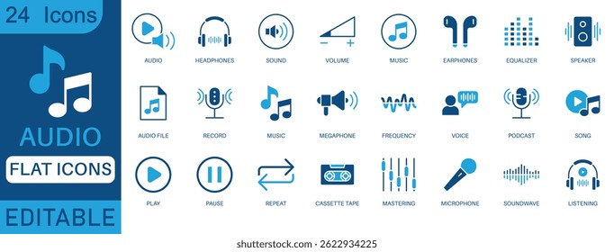 Conjunto de ícones planos de áudio. Contendo fones de ouvido, som, música, volume, fones de ouvido, equalizador e ícones de alto-falante. coleção de ícones perfeitos.