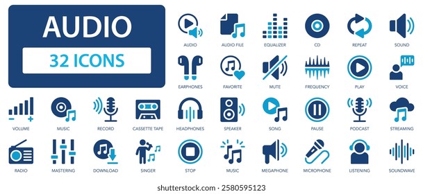 Audio flat icons collection. Speaker, song, headphones, sound, mute, frequency, microphone, music, radio, volume, equalizer, pause, CD sign set.