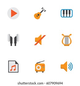 Audio Flat Icons Set. Collection Of Pianoforte, Button, Sonata And Other Elements. Also Includes Symbols Such As Piano, Earpiece, Play.
