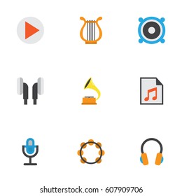 Audio Flat Icons Set. Collection Of Button, Loudspeaker, Ear Muffs And Other Elements. Also Includes Symbols Such As Samba, Rhythm, Gramophone.
