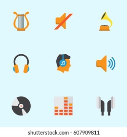 Audio Flat Icons Set. Collection Of Controlling, Ear Muffs, Male And Other Elements. Also Includes Symbols Such As Male, Quiet, Disk.