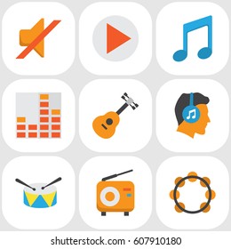 Audio Flat Icons Set. Collection Of Male, Quiet, Acoustic And Other Elements. Also Includes Symbols Such As Male, Instrument, Musical.