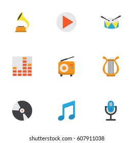 Audio Flat Icons Set. Collection Of Broadcasting, Sonata, Band Elements. Also Includes Symbols Such As Percussion, Mic, Equalizer.