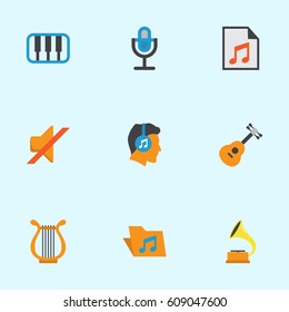 Audio Flat Icons Set. Collection Of Pianoforte, Sonata, Media And Other Elements. Also Includes Symbols Such As List, Volume, Shellac.