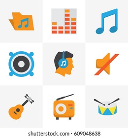 Audio Flat Icons Set. Collection Of Acoustic, Band, Portfolio Elements. Also Includes Symbols Such As Percussion, Frequency, Portfolio.