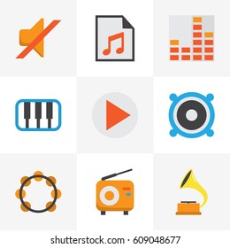 Audio Flat Icons Set. Collection Of Shellac, Loudspeaker, Quiet And Other Elements. Also Includes Symbols Such As Megaphone, Fm, Mute.
