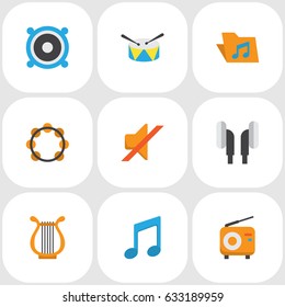 Audio Flat Icons Set. Collection Of Sonata, Earpiece, Band Elements. Also Includes Symbols Such As Fm, Portfolio, Tone.