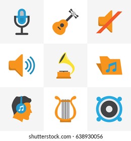 Audio Flat Icons Set. Collection Of Audio, Portfolio, Shellac And Other Elements. Also Includes Symbols Such As Male, Philharmonic, Volume.