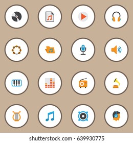 Audio Flat Icons Set. Collection Of Loudspeaker, Karaoke, Sonata And Other Elements. Also Includes Symbols Such As Loudspeaker, Gramophone, Volume.