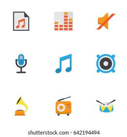 Audio Flat Icons Set. Collection Of Band, Controlling, Tone Elements. Also Includes Symbols Such As Megaphone, Broadcasting, Loudspeaker.