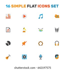 Audio Flat Icons Set. Collection Of Portfolio, Loudspeaker, Shellac And Other Elements. Also Includes Symbols Such As Portfolio, List, Drum.