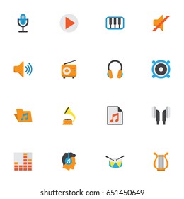 Audio Flat Icons Set. Collection Of Pianoforte, Audio, Shellac And Other Elements. Also Includes Symbols Such As Earmuff, Mute, Male.