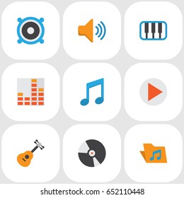 Audio Flat Icons Set. Collection Of Loudspeaker, Dj, Tone And Other Elements. Also Includes Symbols Such As Note, Volume, Musical.