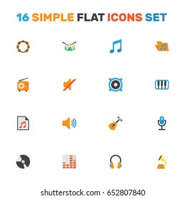 Audio Flat Icons Set. Collection Of Loudspeaker, Rhythm, Karaoke And Other Elements. Also Includes Symbols Such As Frequency, Earmuff, Quiet.
